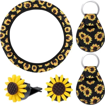 

5Pcs Steering Wheel Cover with Sunflower Steering Wheel Cover Sunflowers Keyring Car Vent Cover Car Accessories