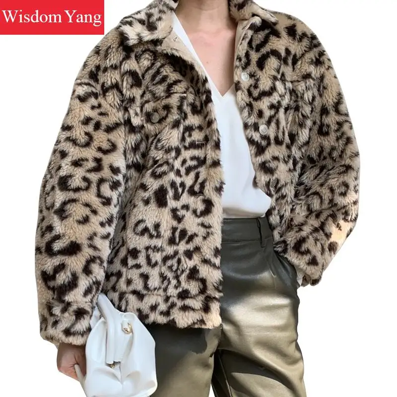 

Winter Sheep Shearing Leopard Wool Furry Cashmere Coats Woman Jackets Wool Womens Jacket Short Coffee Overcoat Coat Outerwear