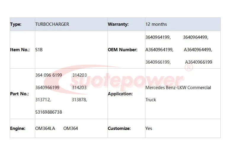 Suotepower Турбокомпрессор S1B 314203 313878 313712 53169886738 3640964199 3640964499 A3640964199 для Mercedes Benz OM364
