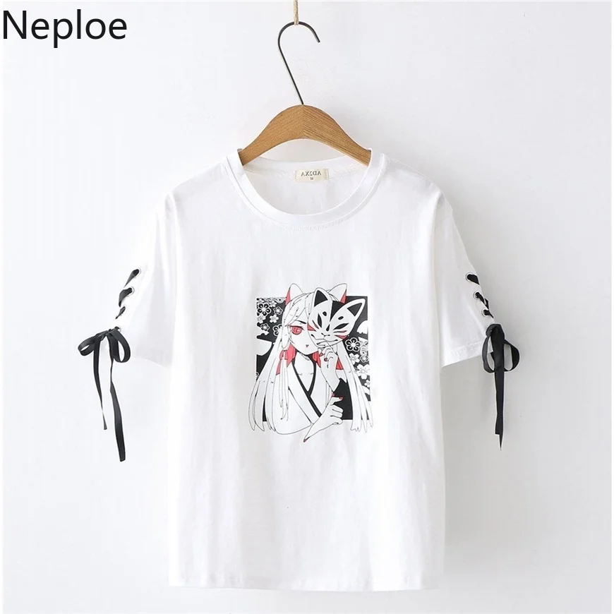 Neploe, летние топы, корейский стиль, Harajuku, футболка, короткий рукав, Женские повседневные футболки, японский принт, уличная одежда, готический, белый, черный, футболки