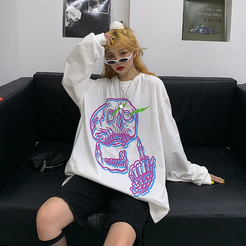 Skull Print Harajuku Hoodie Sweatshirt Casual Hoodies Women Oversized Polyester Cotton Winter Coat Halloween Long Sleeve V557