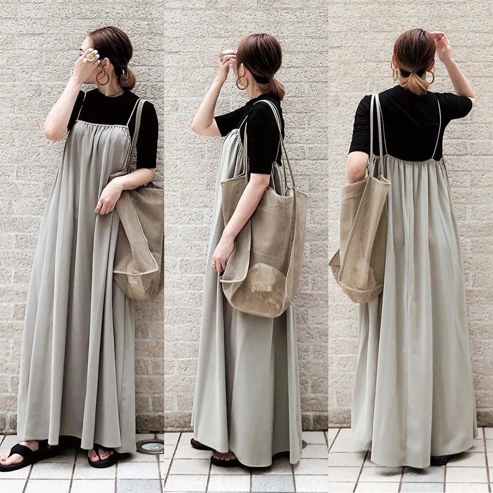 Women Casual Long Dress Summer Plain 2020 Korean Janpanese Style Loose Spaghetti Strap Dresses Pleated Female Maxi | Женская одежда