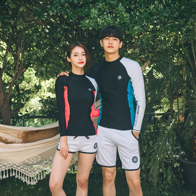 

2019 New Style Couples Diving Suit Women's Men's Two-piece Swimsuits Long Sleeve Conservative Swimwear Beach Holiday Surf Wear
