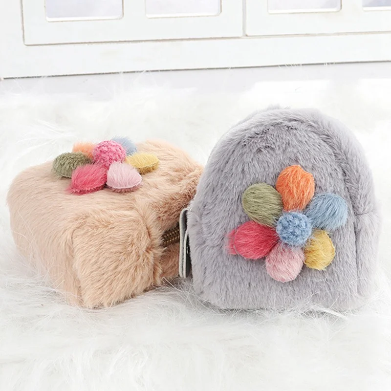 1Pcs Plush Wallet Girl Faux Fur Plush Bag Girl Princess Bag Female Decorative Flower Ball Plush Purse