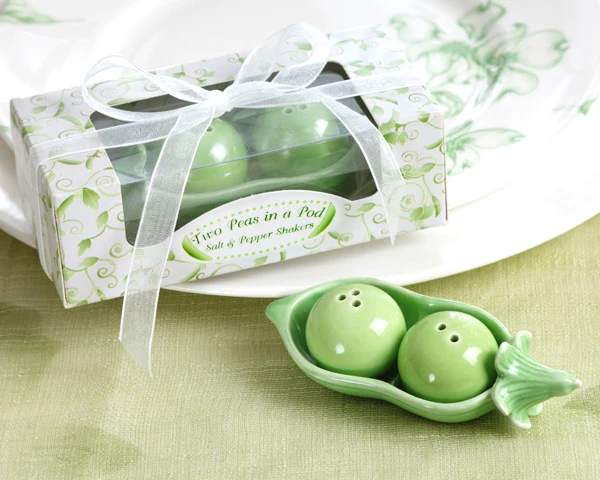 

(30pcs/lot=15Sets) Wedding souvenirs of Two Peas in a Pod Ceramic Salt and Pepper Shakers For Bridal shower Party favors