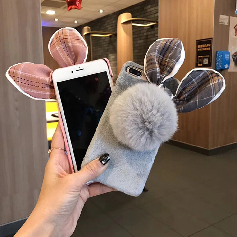 

2019 Newest Black Pink Gray Three Colors Cute Furry Ball Rabbit Ears Iphone Case For Iphone Xr 6 7 8 X Xs Xsmax Case