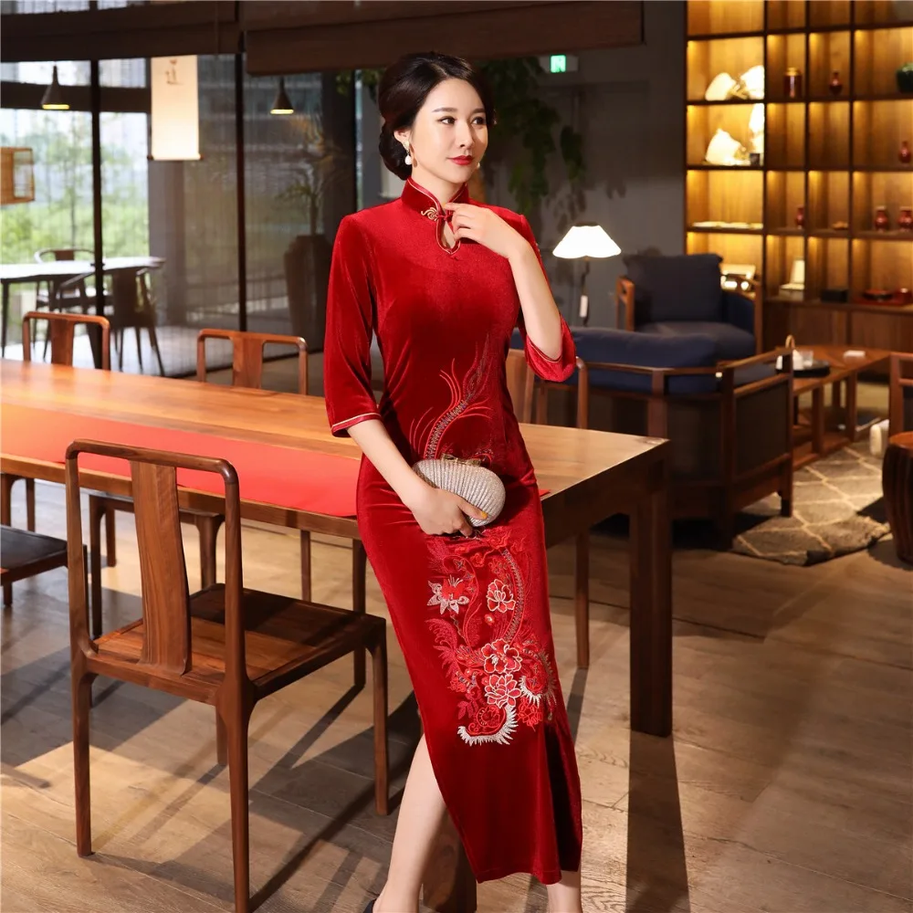 Шанхай история бархат Cheongsam китайское платье вышивка Qipao длинное