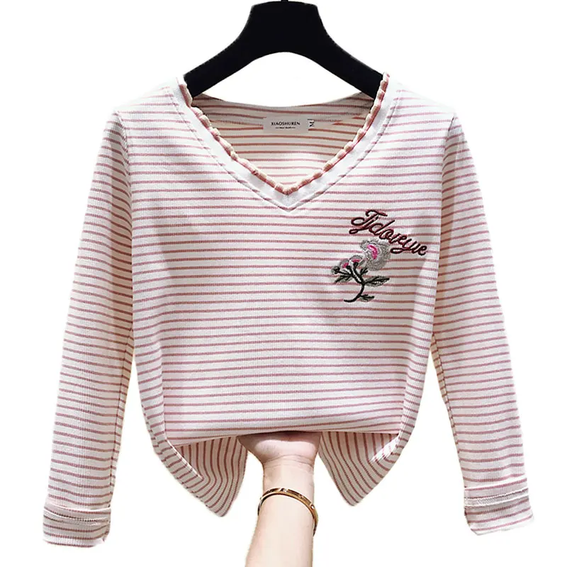 

Women Clothing 2020 Autumn Winter T Shirt Striped V Neck Women Graphic Tees Women Winter Clothes Women Pink Tops Camiseta