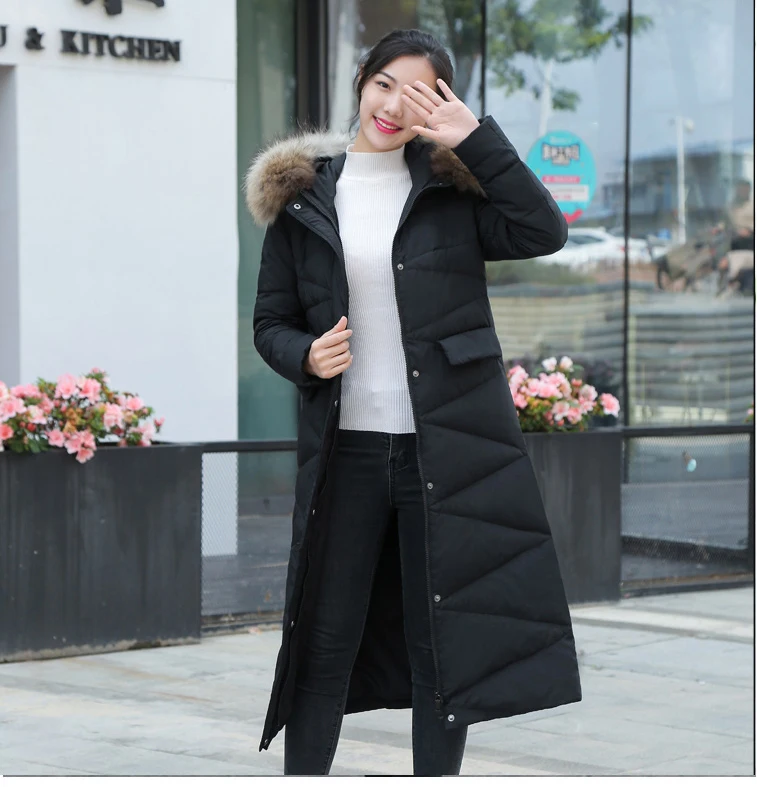 Fashion Fur Collar Hooded Down Coat Women Long Jacket New Winter Slim Warm Parkas Female Overcoat Red Coat Tops Women WM140