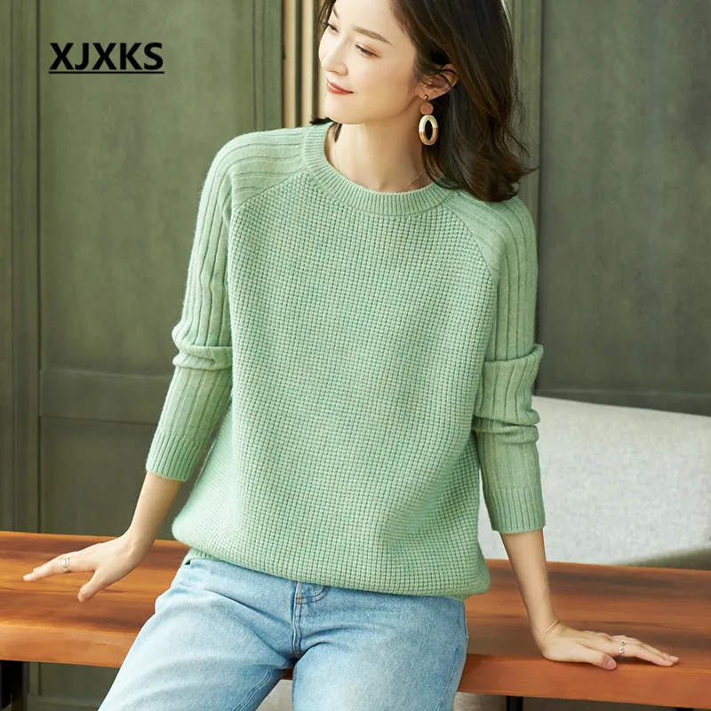 XJXKS High quality cashmere knittred sweater women pullover autumn winter new solid color all-match casual women sweater - Color: Green