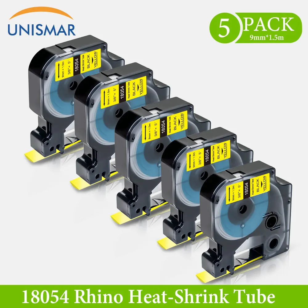 Unismar 5PK термоусадочная трубка 18054 9 мм черная на желтом принтере лента Замена DYMO Rhino