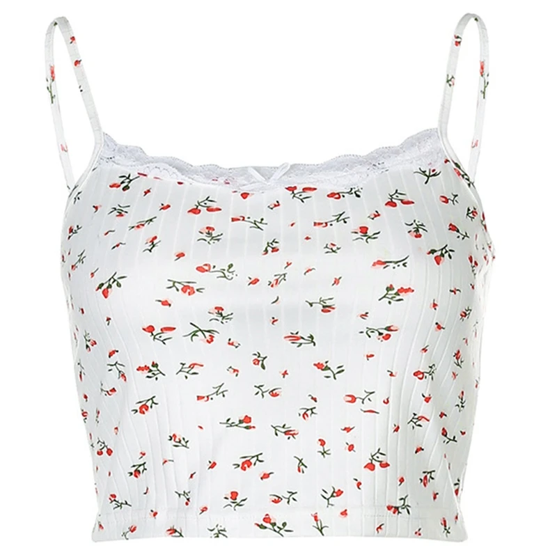 Floral Printed Spaghetti Strap Top Women Cute Casual Sleeveless Camis Tops Tees Lace Crop Top