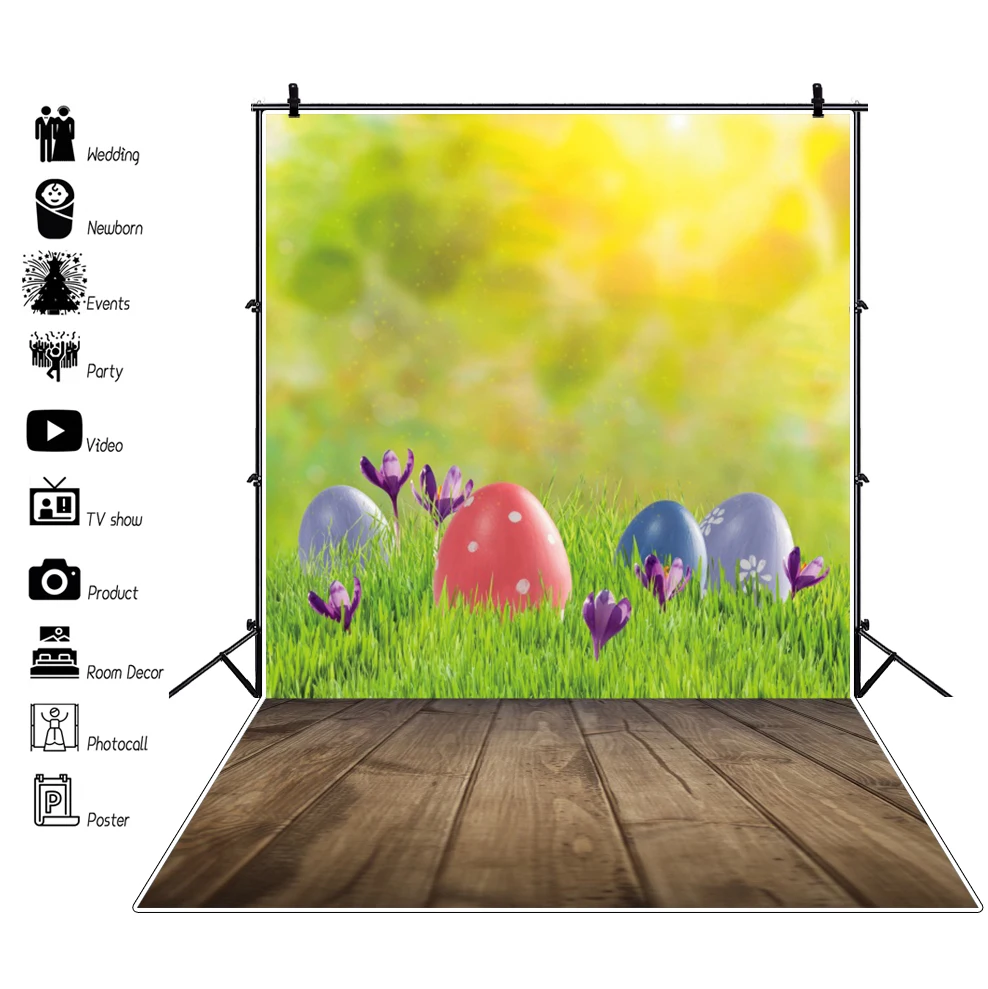

Laeacco Spring Green Grass Happy Easter Festivals Egg Polka Dot Wooden Floor Baby Portrait Photo Backdrop Photography Background