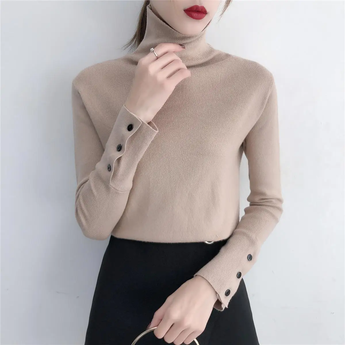 

2019 New Autumn Women Sweater Pullover Knitted Long Sleeve Turtleneck Slim Office Lady Button Casual Sweaters Tops