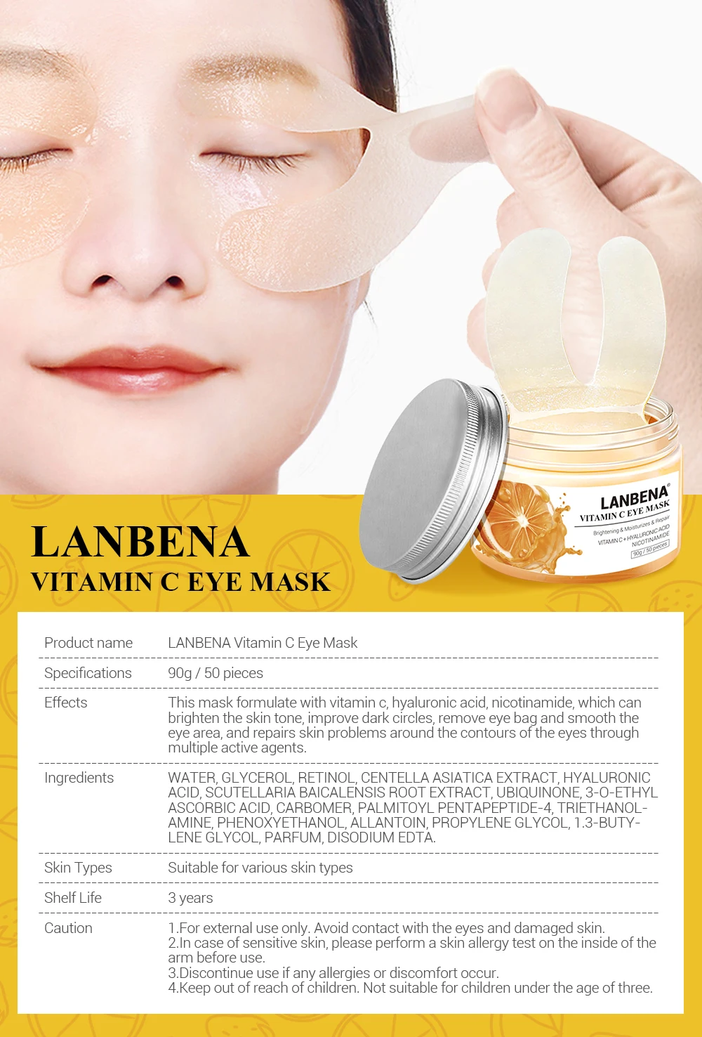 Маска LANBENA с витамином С, маска для глаз, удаляет мешки для глаз, линия вокруг глаз, расширенный темный круг, улучшенная лампа, восстанавливающая, подтягивающая, 50 шт., патчи для глаз