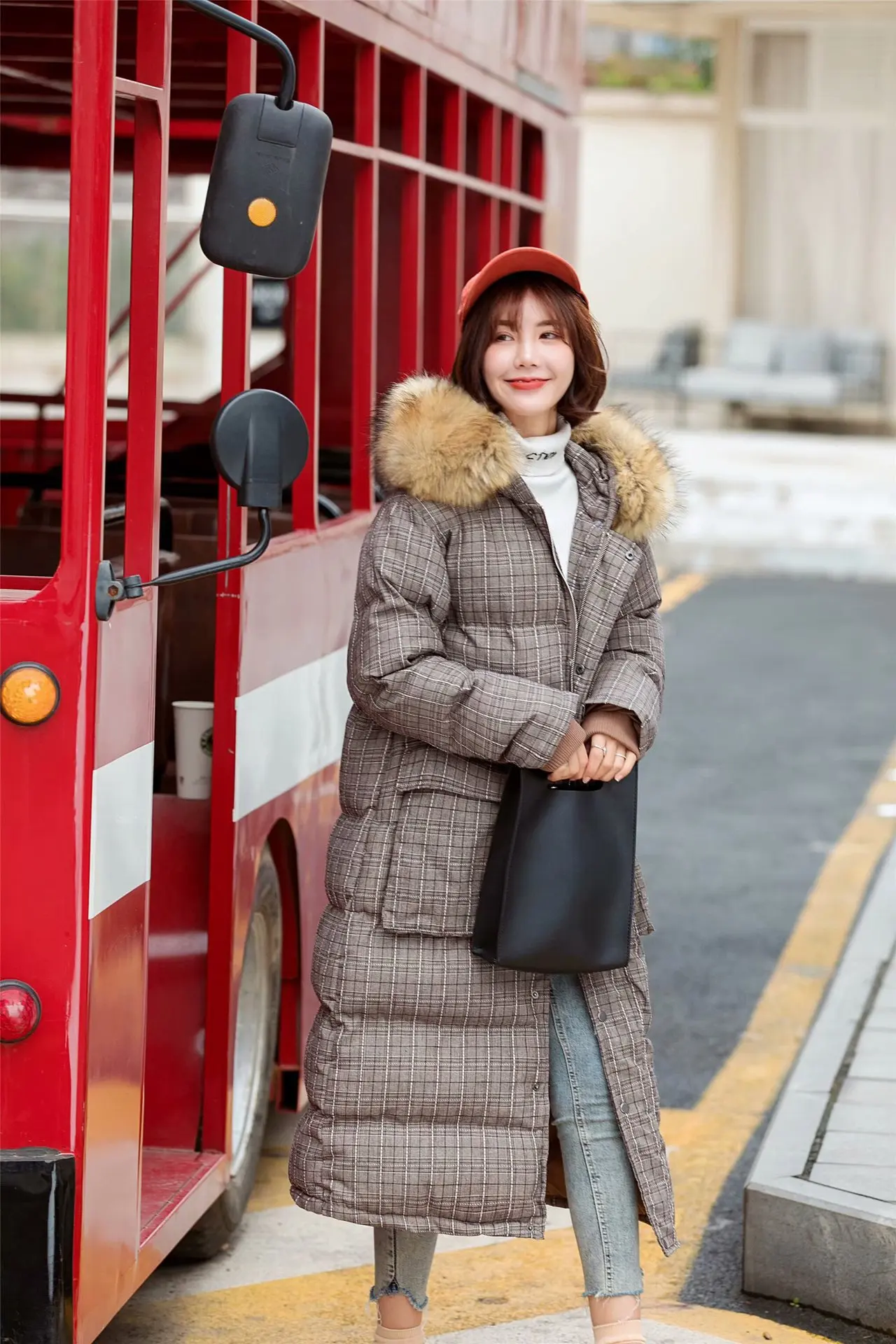 

Korean-style Fall And Winter Clothes Simple Thick Back Embroidered Letters Large Fur Collar Hooded Versatile Plaid Cotton-padded