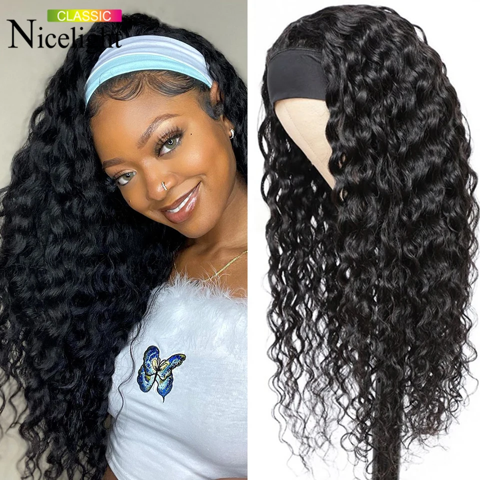 

Nicelight Headband Wig Human Hair Peruvian Loose Deep Wave Full Machine Made Wig With Headband No Glue Scarf Wigs For Women