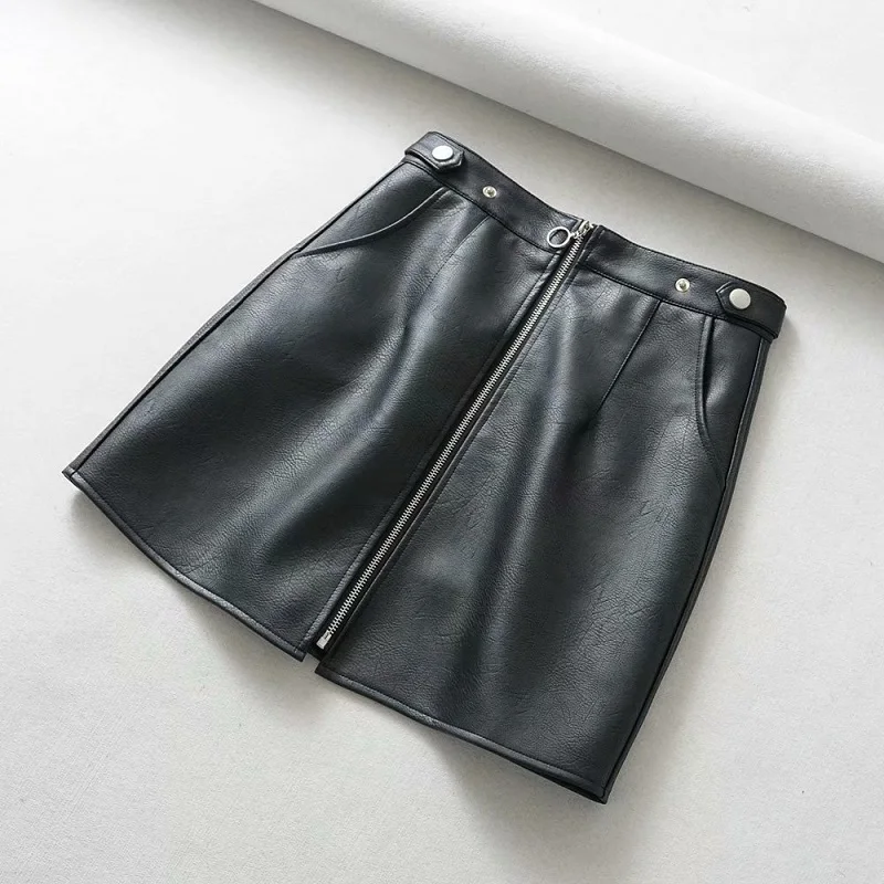 toppies black faux leather mini skirts front zipper high waist skirts Korean style streetwear winter clothes