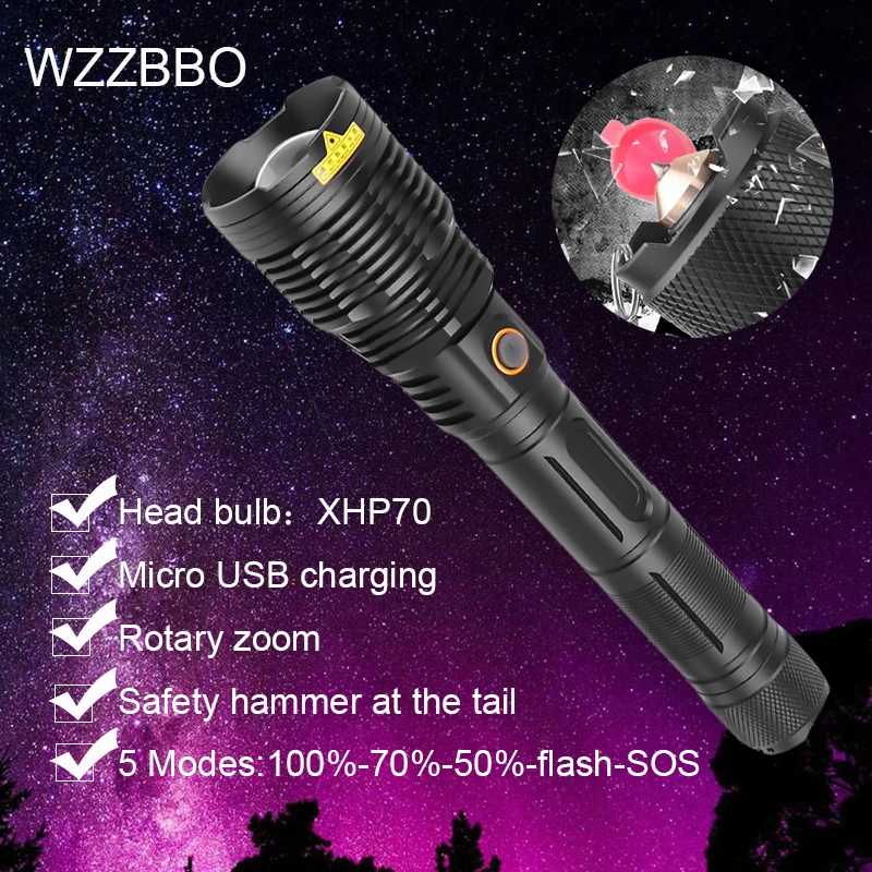

LED Flashlight 100000 lumens XHP70 torch lighter rechargeable lantern tactical flashlight olight torch lighter self defense