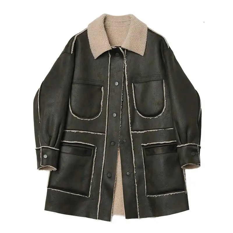 Autumn Warm Suede Lambskin Long Vintage Coat Turn-Down Collar Women Pocket Plus Size Moto Streetwear Leather Coat