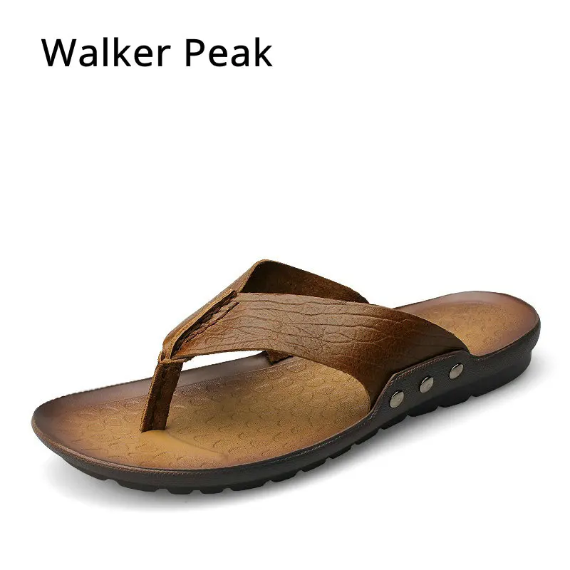 Мужские Пляжные Шлепанцы из натуральной кожи коричневые сандалии повседневная