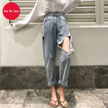 

2020 otoño alta cintura recta Jeans Mujer Vintage suelta blanqueada pierna ancha pantalones vaqueros extragrandes mujer agujero