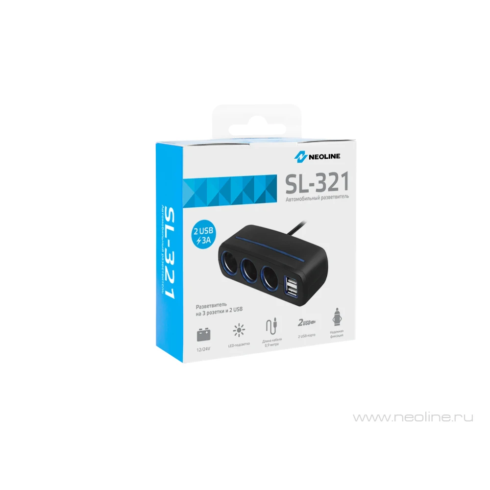 Разветвитель на 3 автомобильных розетки 12V и 2 USB Neoline SL-321
