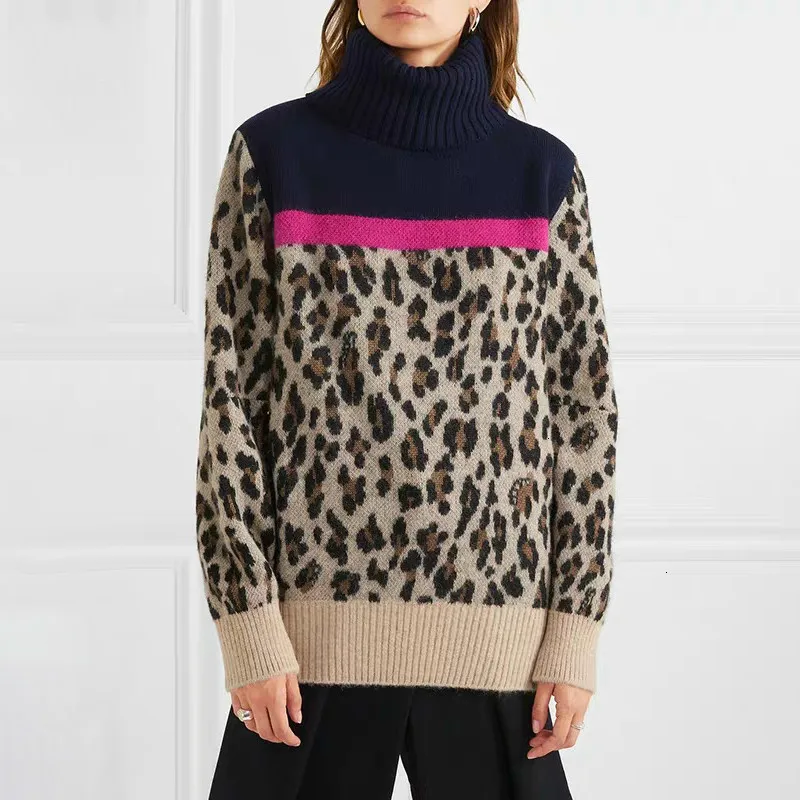 

Hit Color Leopard Sweaters For Female Turtleneck Long Sleeve Knitting Large Size Women's Sweaters 2019 Clothing New F558