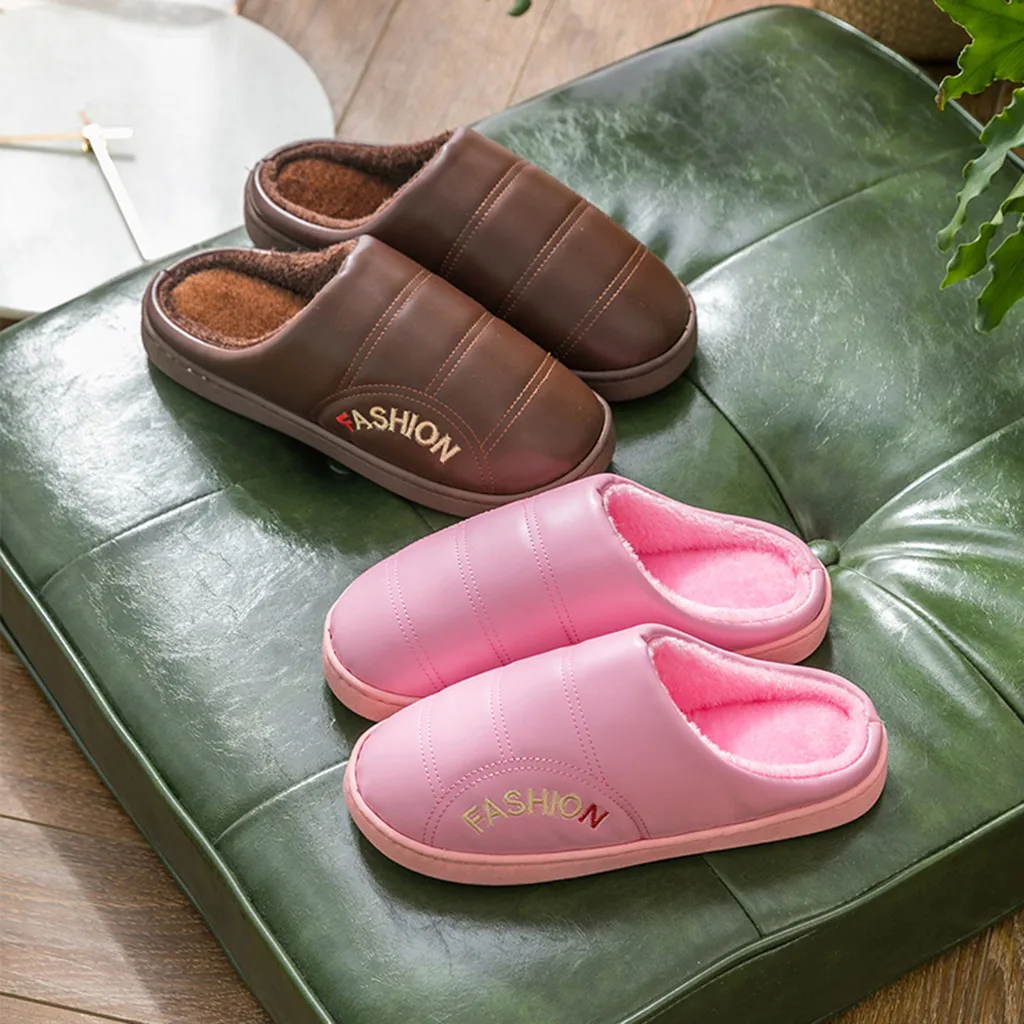 Winter Warm Leather Home Slipper Shoes Woman New Arrival Flat Non-slip Indoor Slipper Woman Shoes Plus Velvet Large Size Slipper
