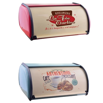 

French Vintage Bread Box Storage Bin Rollup Top Light Gray Small Powder Coated Bread Iron Snack Boxes for Kitchen Home Decor