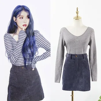 

kpop IU Lee Ji Eun Korean temperament V-neck striped long sleeved knitted tshirt tops+corduroy sexy mini skirt women 2 piece set