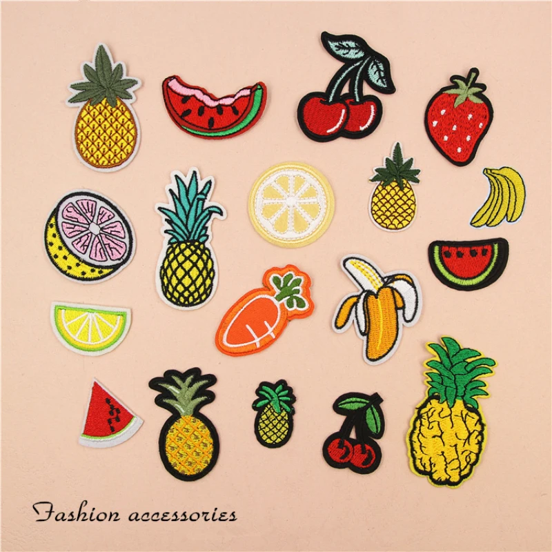 fruit set 18pcs Random Mix DIY Cartoon Pattern Iron-On Patches Embroidery Cloth Chapter Decorative Stickers scrapbook - Цвет: fruit set 18pcs