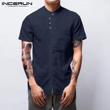 

INCERUN Solid Color Shirt Men Cotton Stand Collar Button Casual Short Sleeve Brand Tops Summer Breathable Shirts Men Camisa 2020