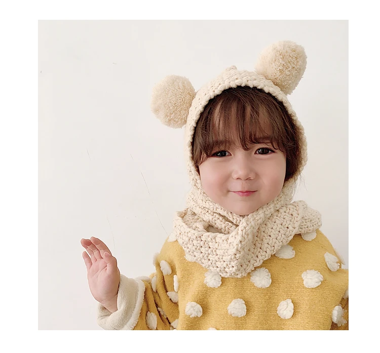 Children Knitted Hat Autumn and Winter Toddler Girl Neck Ear Protection One Baby Winter Warm Wind Hat Small Ball Baby Girl Cap