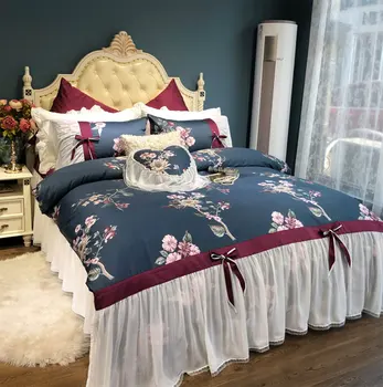 

Blue pastoral flower bedding set girl,full king queen home textiles 60s plush cotton double bed dress pillow case duvet cover