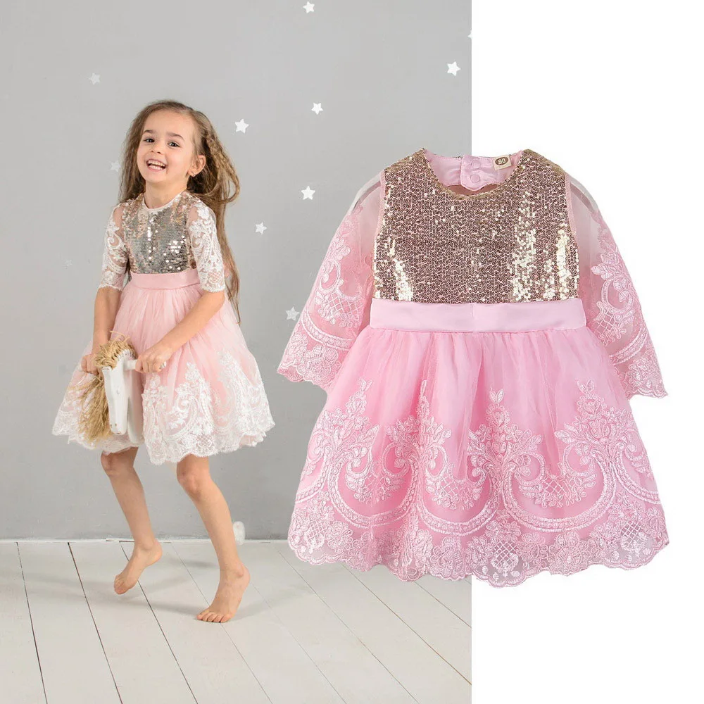 Sequins Baby Girl Dress Embroidery Pink Long Sleeve Princess Dress for