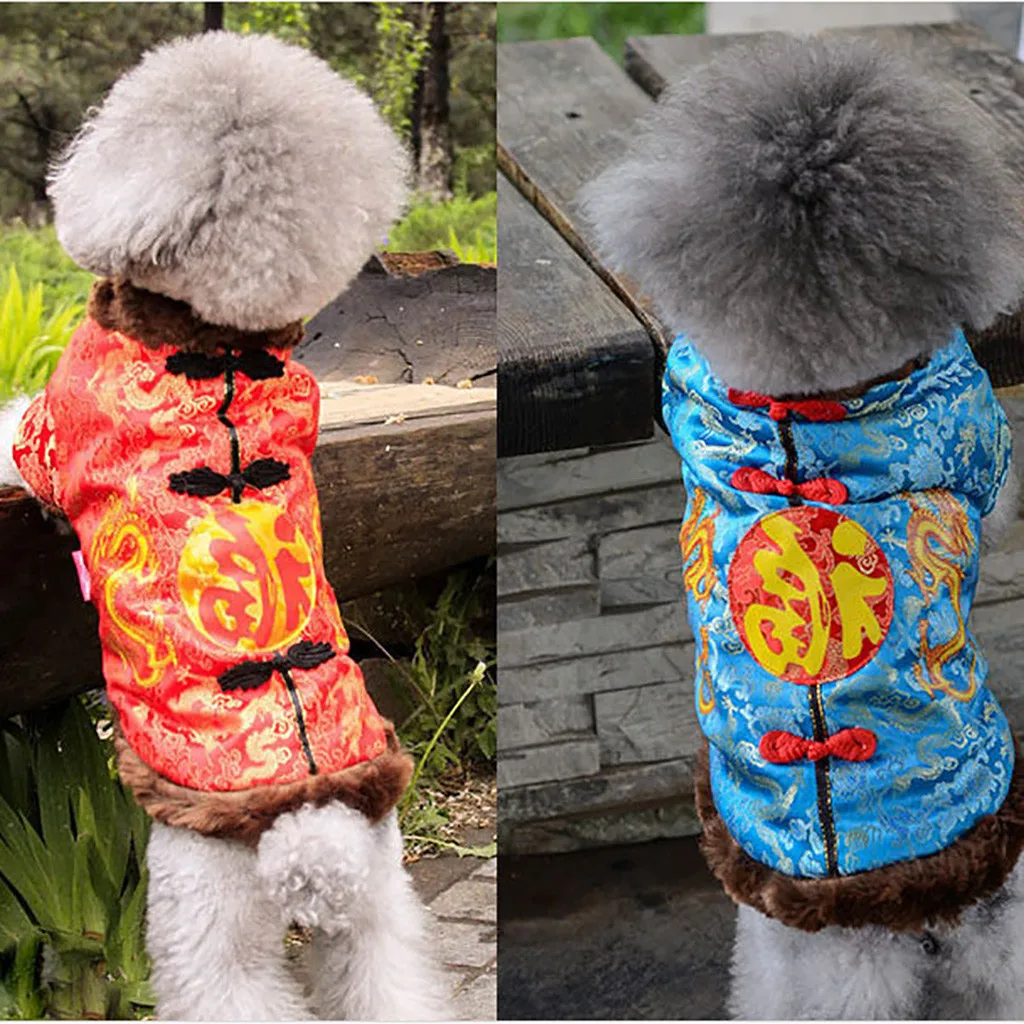 Новогодняя одежда для собак, теплая одежда для домашних собак, китайская одежда для собак cheongsam для маленьких и средних собак, костюм для щенков, пальто для чихуахуа