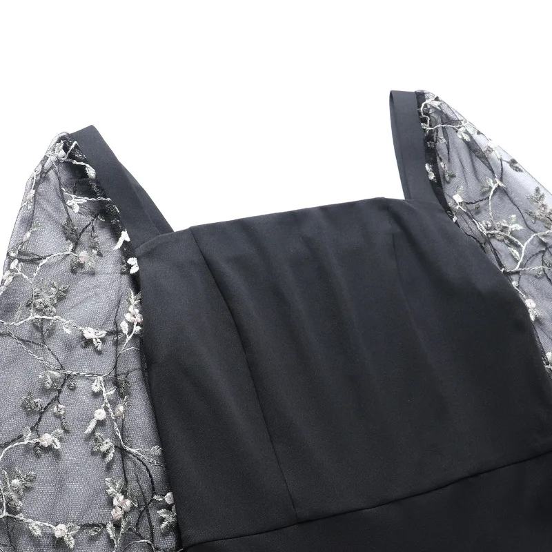 Ball Black Dress For Women Lace Translucent Sleeve See Through Patchwork Tunics Female Elegant Prom Party Formal Attire