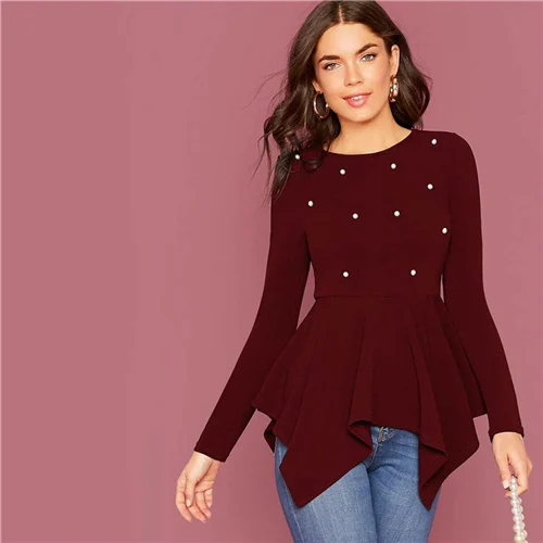 SHEIN Pearl Embellished Hanky Hem Peplum Top Women Spring Autumn Fitted Flared Round Neck Elegant Womens Tops and Blouses - Цвет: Бургундия
