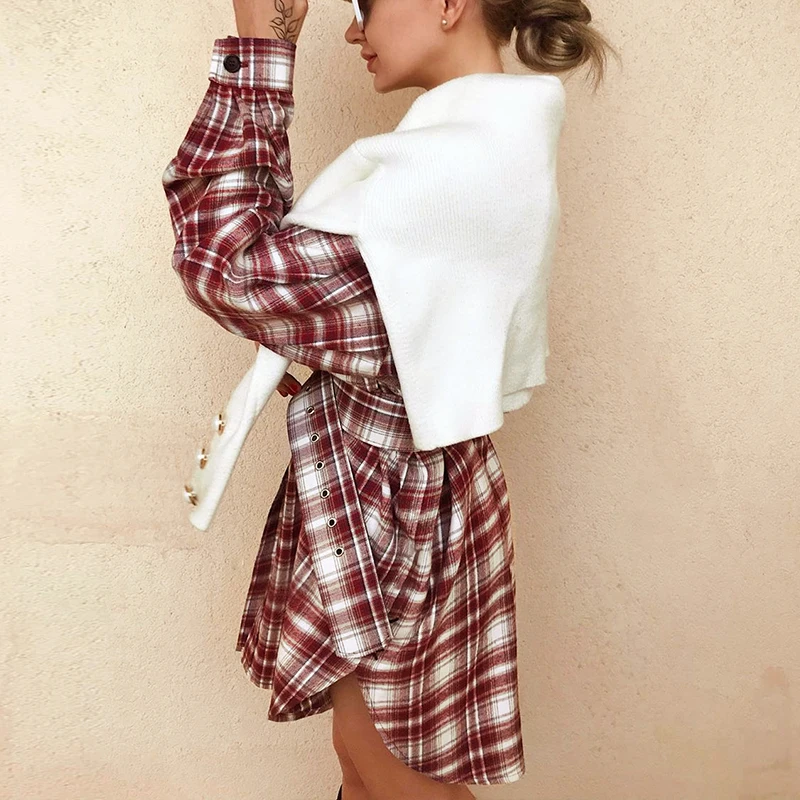 Long Sleeve High Waist Belt Plaid Button Pocket Dress Long Sleeve High Waist Belt Plaid Button Pocket Dress 2