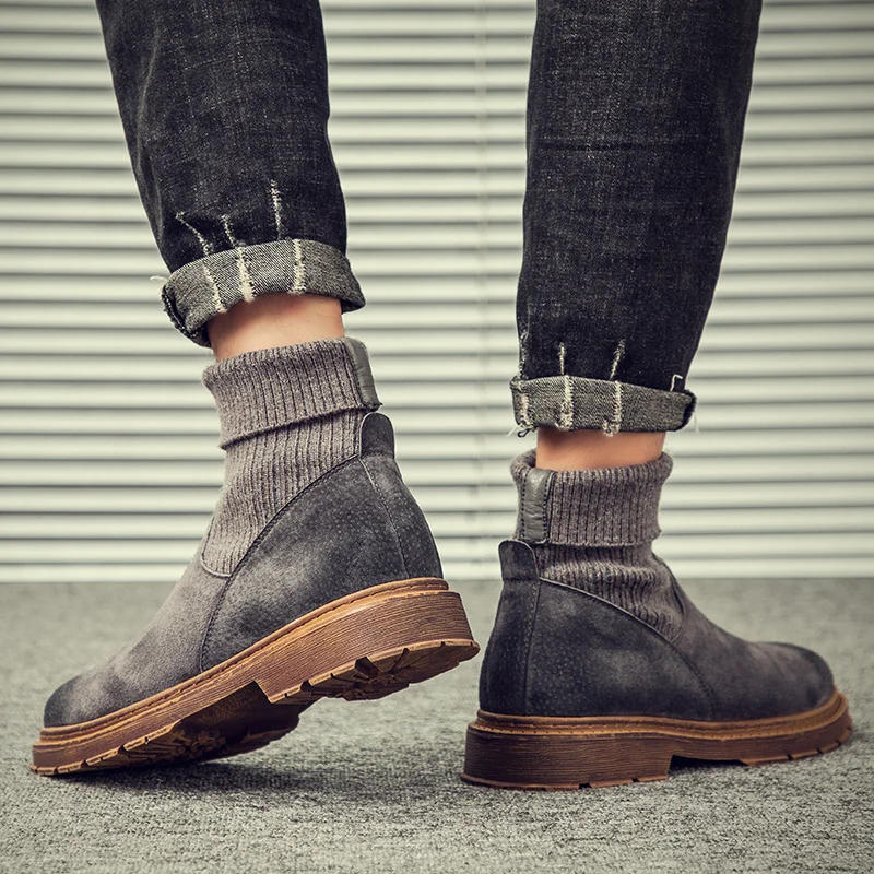 Мужские ботинки martin с высоким берцем; Botas; Модные трикотажные уличные кожаные ботинки; мужские повседневные дышащие ботинки без застежки