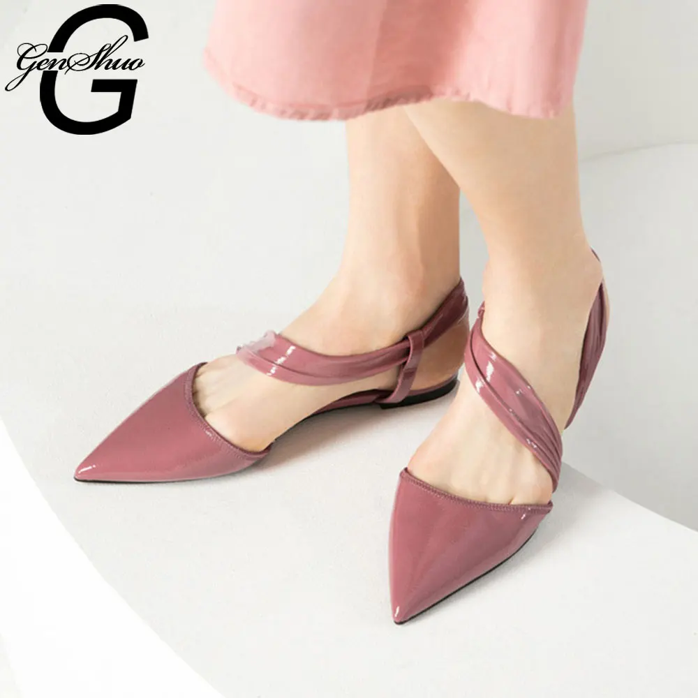

GENSHUO 2019 New Women Flat Sandals Brand Design Pointed Toe Slip On Sandal Mule Flat Heel Strap Dress Women Sandalias Mujer