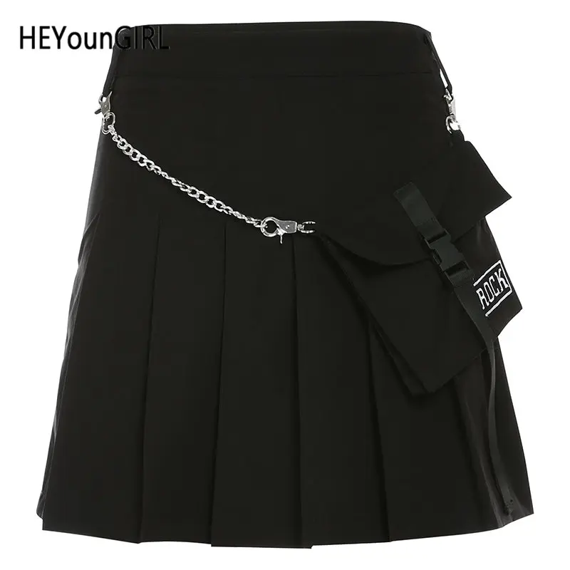 Черный HEYounGIRL готика, Харадзюку черная плиссированная юбка юбки с высокой талией женские с цепочкой сумка Корейская мини юбка стимпанк уличная - Цвет: Черный