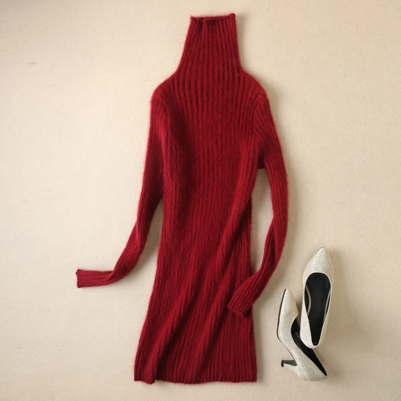 Длинный очень теплый свитер кашемир с норкой и пуловеры для женщин Осень Зима мягкий свитер водолазка женский базовый пуловер - Цвет: wine red