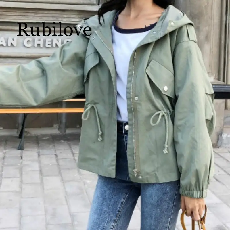 Rubilove НОВЫЙ свободный Тренч пальто весна осень женские с капюшоном черный зеленый ветровка Верхняя одежда Женский Повседневный плащ