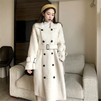 

Women's Fur Coat In Winter Double Breasted Women Overcoat Female Lamb Woolen Coats Loose Warm Outerwear Belt Long Coats T765