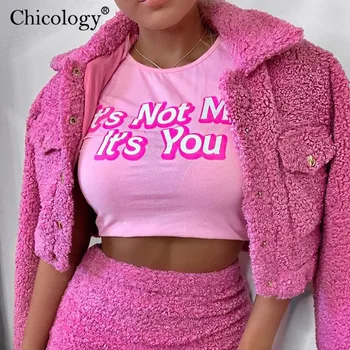 

Chicology pink cotton letter print T-shirt sexy corp top short sleeve cute tshirt women 2019 autumn winter clothes streetwear