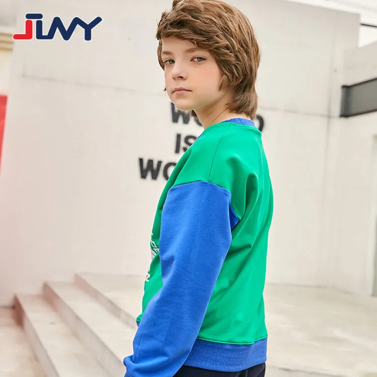 JENYA/Повседневная Длинная футболка для мальчиков хлопковый свитер с круглым вырезом и буквенным принтом, рубашка синий топ в стиле пэчворк, детская одежда рубашка с низом для мальчиков
