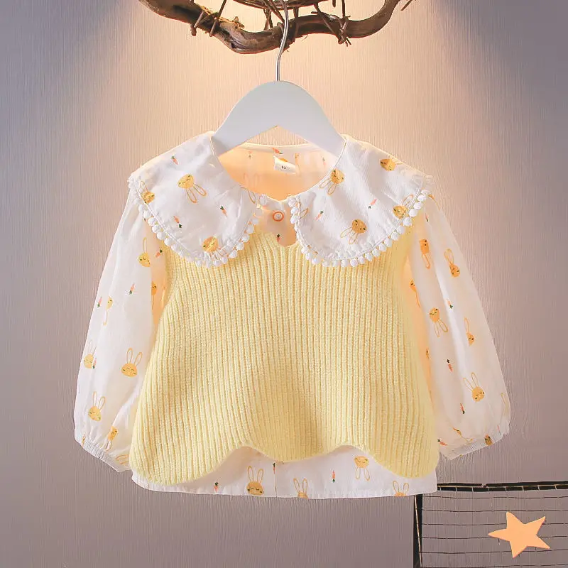 Spring Autumn Girls Shirt Clothes With Vest Long Sleeve Baby Cotton Linen Cardigan Shirt Turn Down Collar Blouse