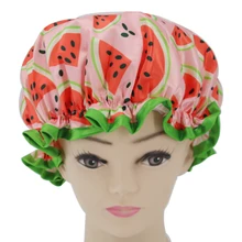 Digital Printed polyester satin fabric double layer shower caps fruits and cartoon1 size fit all